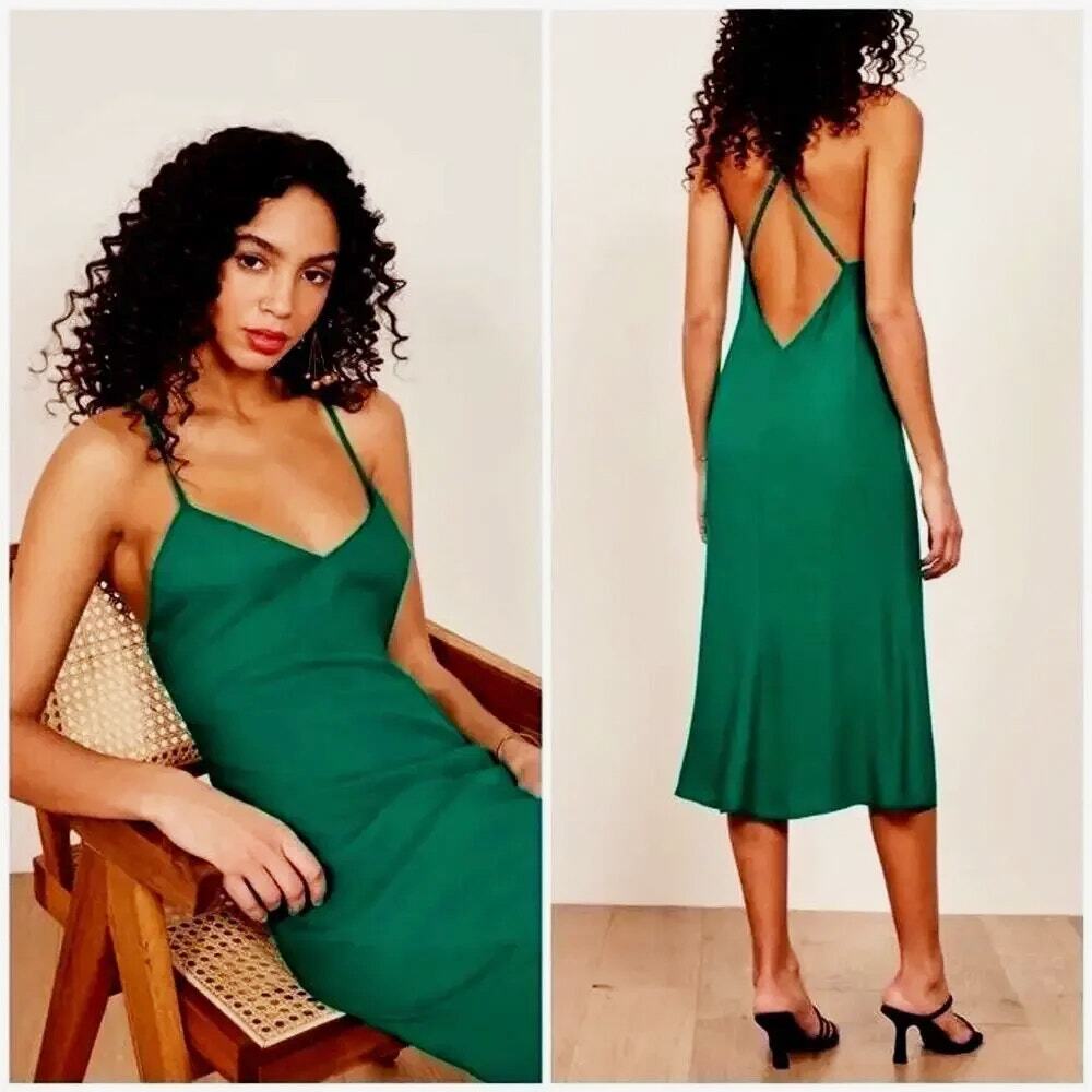Reformation Kat Slip Dress Seraphine Emerald Green Strappy Low Back Midi SZ 4